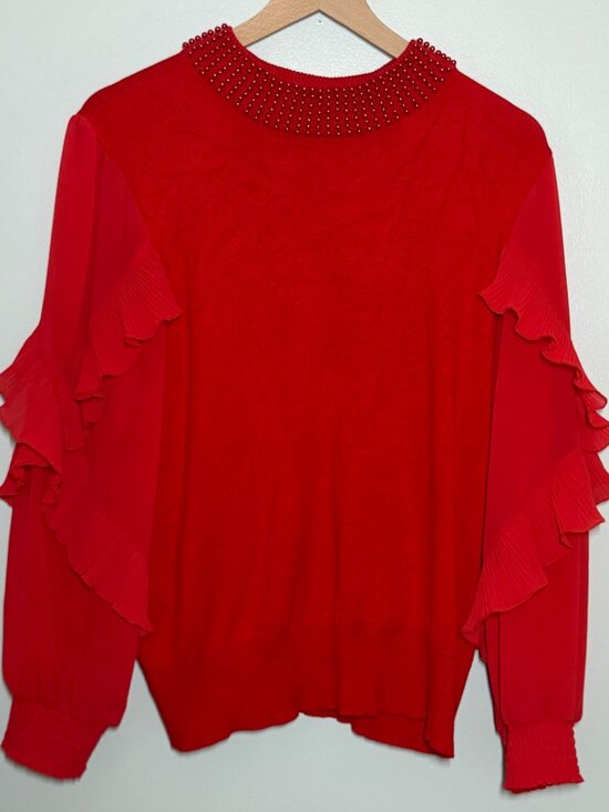 Fierce by Mally Sweaters - Fierce by Mally Red Pearl Beaded Ruffle Sleeve Sweater Women’s Medium Statement